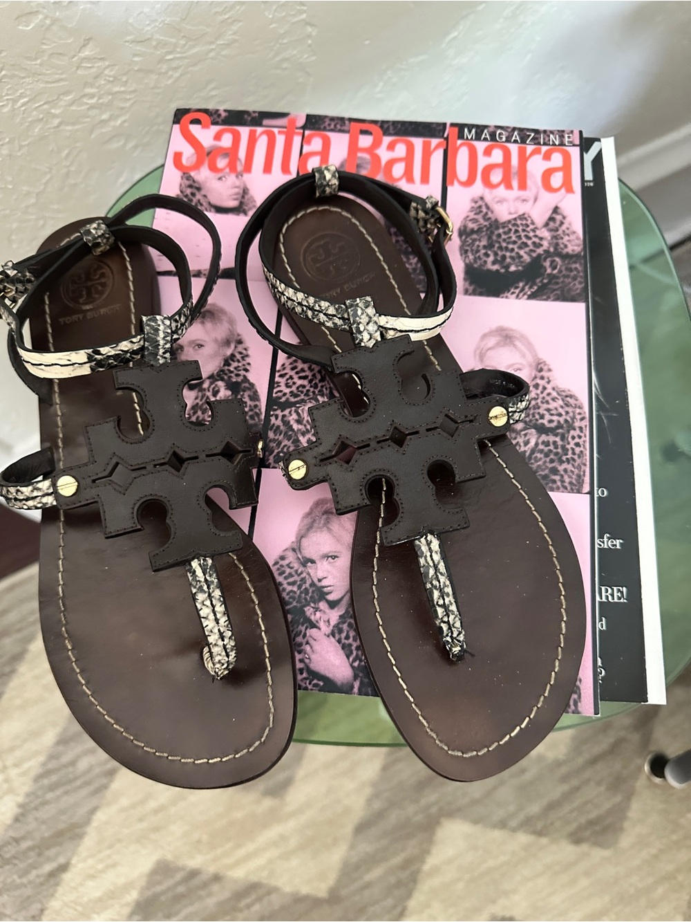 Tory Burch Dark Brown Leather Logo Sandals with Snakeskin Trim